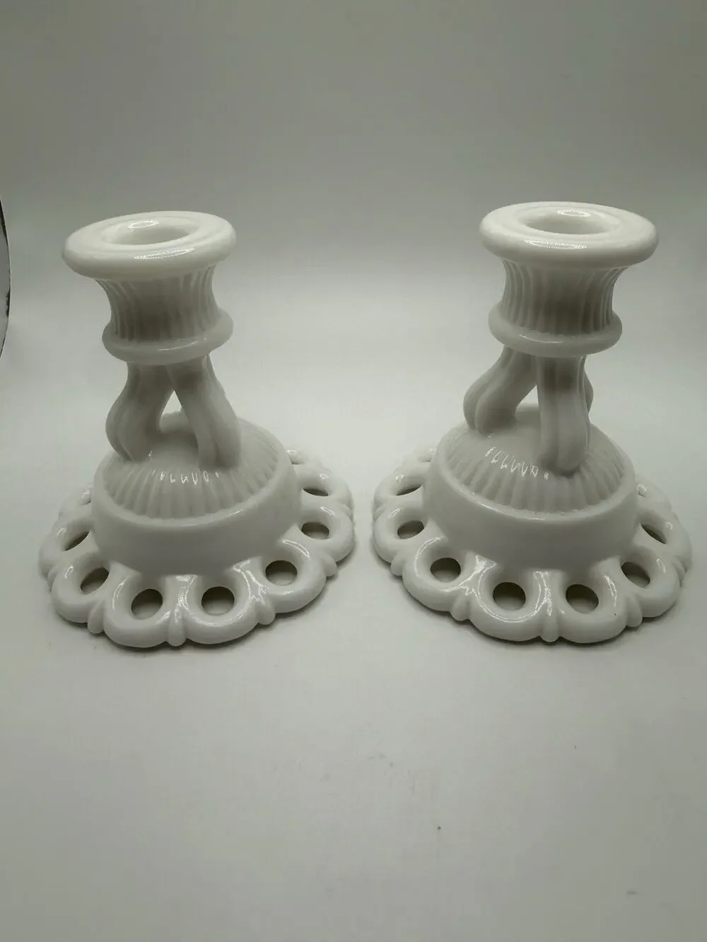 Vtg 50s Westmoreland Milk Glass Open Candlesticks Lace Doric Coquette Pair MCM